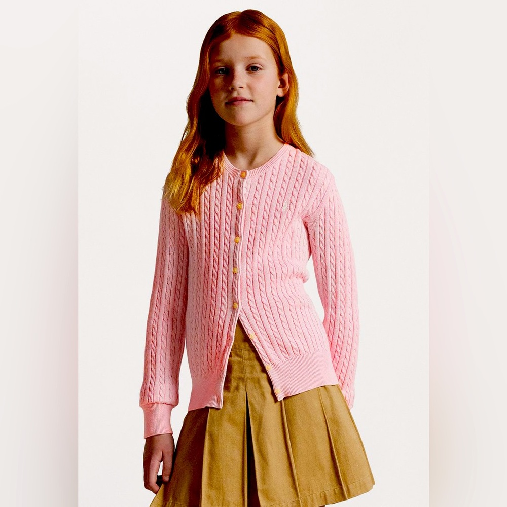 VINTAGE Y2K RALPH LAUREN GIRLS PRETTY PINK 100% COTTON CABLE KNOT CARDIGAN SZ 5